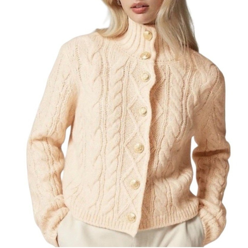 J Crew Cable Knit Turtleneck Cardigan Sweater Beige Gold Crest Button Medium